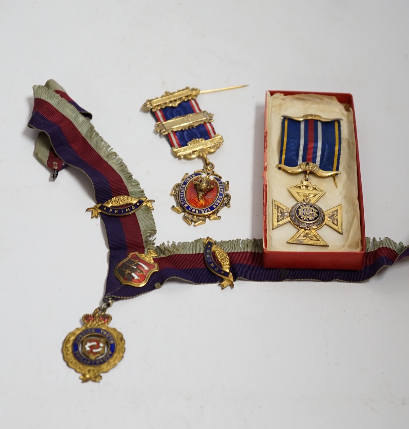 Ten masonic enamelled medals, some silver gilt, including eight cased examples